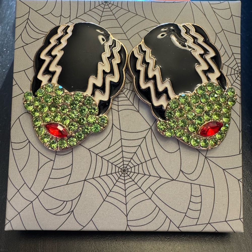 Vintage Bride of Frankenstein Rhinestone Halloween Stud Earrings NIB
